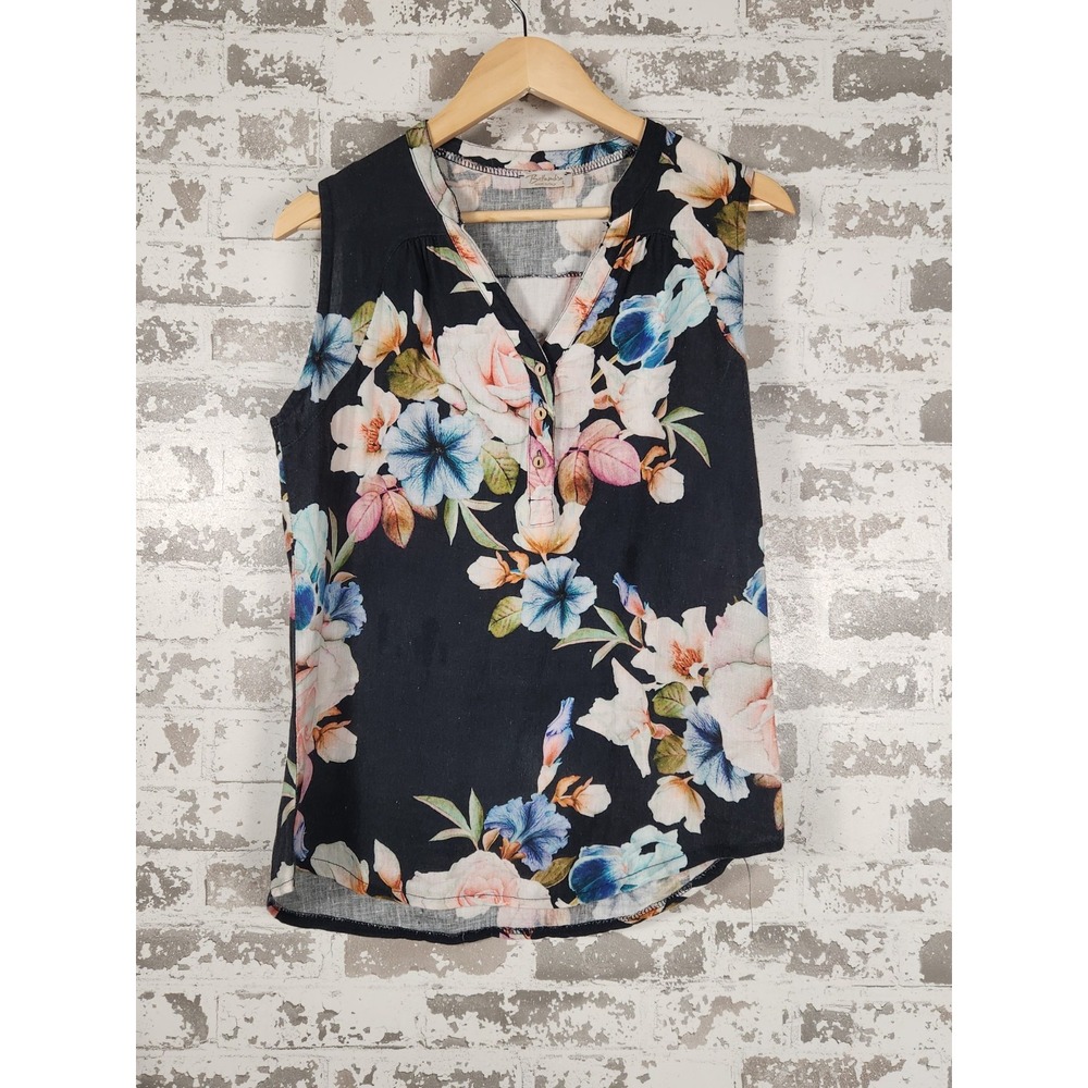 Bellambra‎ Top 100% Linen Size L Floral Buttons Made In Italy Sleeveless Shirt